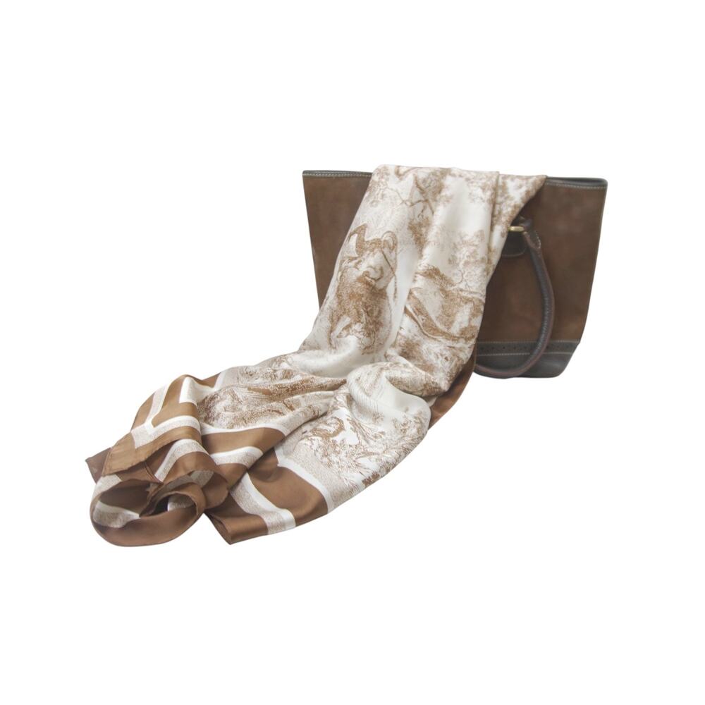 NWT Caramel Gold Brown Ivory Horse Toile Imitation Silk Scarf Wrap 35x71